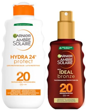Garnier Ambre Solaire Körperschutzmilch LSF 20 200 ml und Ideal Bronze Bräunungsöl für den Körper LSF 20 150 ml