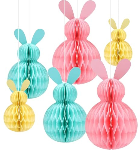 MUNSKT 6PCS Easter Hanging Decorations,Spring Honeycomb Paper Ball Easter Bunny Decorations,Rabbit Honeycomb Ball Pendant Decoration(Pink, Blue, Yellow)