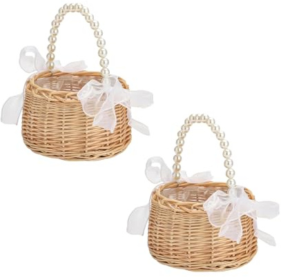 2 piezas de mimbre ratán niña cesta de flores con asa y lazo Cestas de flores para niña de l Cestas de mimbre para la boda cesta de dispersión (C)