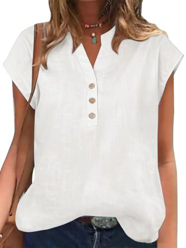 YUTILA Damer bomull linne blus kortärmad enfärgad Henley sommarblus blus blus skjorta toppar, Vit, M