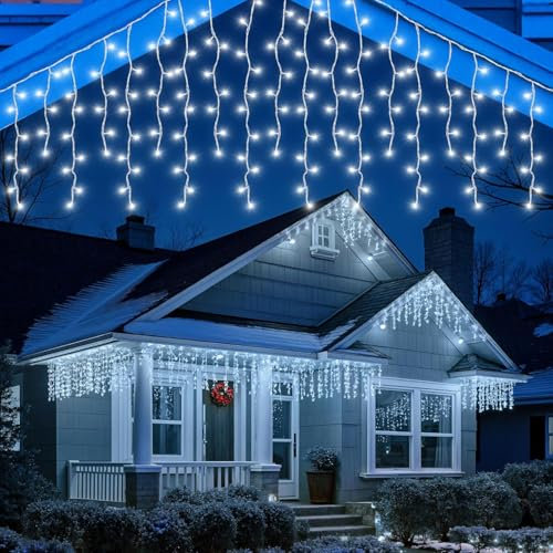 Hulaiyaa Wasserdicht LED Eisregen Lichterkette Außen 10M, 8 Modi Eiszapfen Vorhang Lichter mit Stecker, 336 LED Draußen Innen Eiszapfen Lichter Vorhang Aussen für Garten Balkon Weihnachten Hof