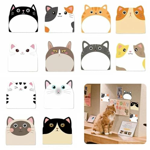 Huoflame 12 Stück Cartoon Katzen Haftnotizen – selbstklebende Notizblöcke mit starker Klebkraft für Büro, Schule und Zuhause, lesezeichen kinder, lustige Memo-Zettel im Cartoon-Stil