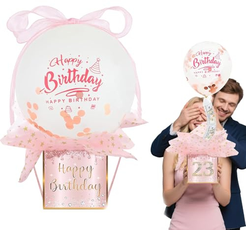 Geldgeschenke Geburtstag Überraschungsbox mit Luftballons, Pull Geld Ballon Box für Geldgeschenke, Geldgeschenk Ballon, Geburtstag Geldgeschenk Verpackung für Familie und Freunde (Roségold)