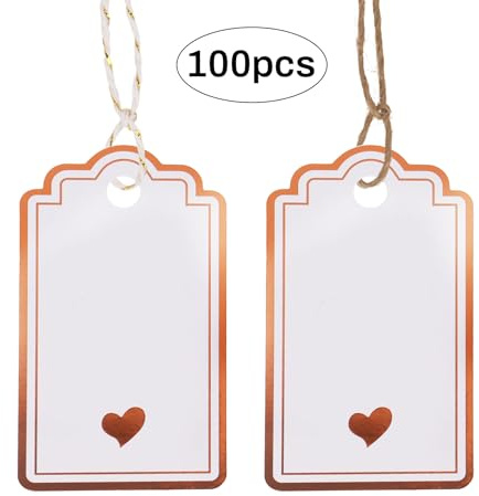 Dmnnlp 100pcs Gift Tags with String, Foil Rose Gold Heart Paper Gift Tags, 5x9cm Personliazed White Blank Labels for Birthday Wedding Baby Shower Valentines Mothers Day Christmas Gifts Decoration