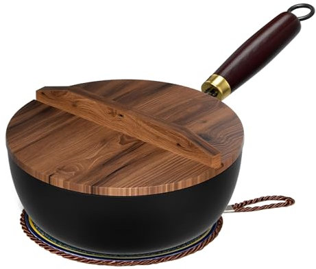 Gusseisenpfanne – Handgeschmiedeter Großer Bauchtopf – für Gasherde, Induktionskochfelder, Anbraten, Sautieren, Köcheln, Suppentopf – Bratpfanne – Antihaft-Pfanne,Wooden lid,20cm(7.87in)