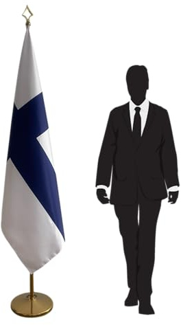 Bandiera Finlandia con palo smontabile e base stabile – bandiera interna – perfetta per uffici, ambasciate, scuole, eventi diplomatici e cerimonie ufficiali. Codice CN7-FI-L