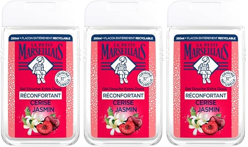Le Petit Marseillais | Gel Douche Extra Doux Réconfortant Cerise & Jasmin (flacon de 250 ml) – 92% d'ingrédients d'origine naturelle – pH neutre pour la peau et sans colorant (Lot de 3)