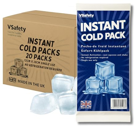 V Safety Instant Ice Packs - UK-Made Disposable Cold Compress, No Refrigeration Needed, Squeeze to Activate - Portable Cooling for Food, Drinks & Outdoor Use - Large Size (Pack of 20)