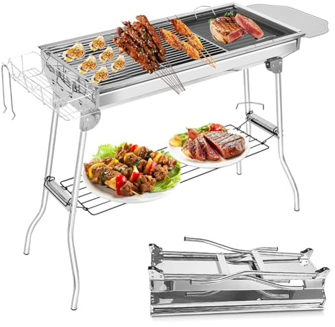 Pobbycrafm Barbecue a Carbonella, Pieghevole Portatile Barbecue alla Carbonella con Ripiano Laterale, Inossidabile BBQ Grill Affumicatore per Balcone, Terrazzo e Giardino
