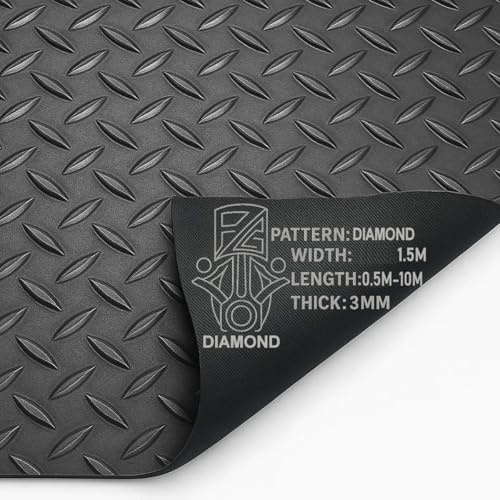 PG Floor Rubber Matting Roll 3.5m x 1.5m, 10m Black Non Slip Diamond Mat, Heavy Duty 3mm Thick Waterproof Flooring for Garage Gym Van Shed