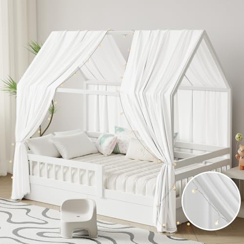 Pacok Letto a forma di baldacchino con catena luminosa, 2 pezzi, tenda decorativa a baldacchino, in mussola, in tessuto, per ragazze, ragazzi, lettino, 67 x 270 cm, bianco