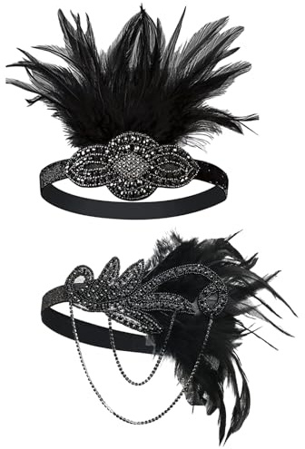 ZXTGBQ 2 Stück 1920s Flapper Stirnband Damen Gatsby Kostüm Accessoires 20er Mode Perlen Feder Haarschmuck Schwarz für Kostüm Abschlussball Party Dekoration