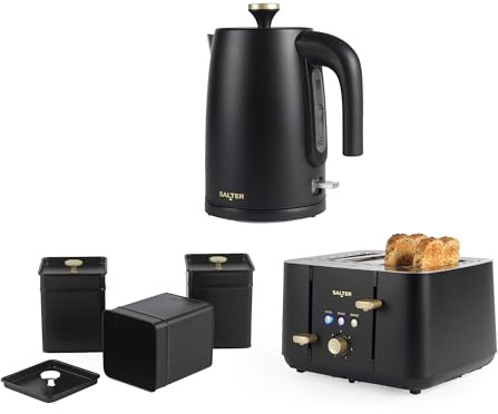 Salter Alchemy Kettle, Toaster & Canister Set for Kitchen Countertop - 4 Slice Toaster with 7 Browning Levels, 1.7L BPA-Free Rapid Boil Kettle, 3pc Canister Set for Tea, Coffee and Sugar, Black/Gold | 3 kW rapid boil, 1.7 L capacity, 360° swivel base, 7 browning levels, defrost/reheat/cancel, powder-coated steel canisters