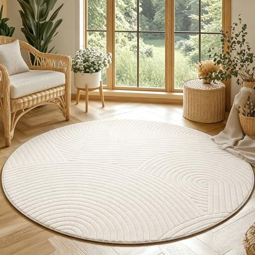 SHACOS Teppich Wohnzimmer Beige 200 cm Rund, Weicher Kurzflor Teppichläufer Modern Geometrisch, Waschbar und rutschfest Esszimmer Schlafzimmer Carpet