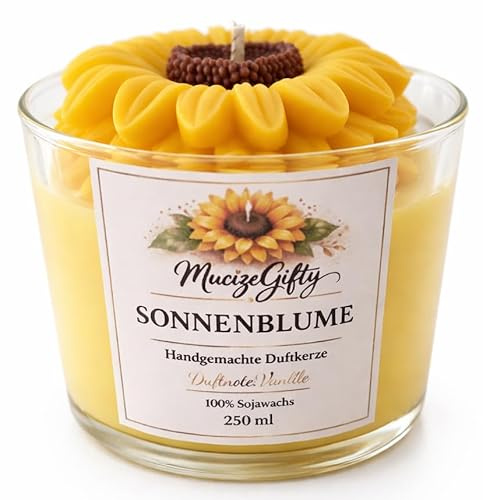 Sonnenblumen Duftkerze Vanille – Handgemachte Kerze mit 3D Sonnenblume | Sojawachs Kerze im Glas | Frühlings- & Osterdeko Geschenk | MucizeGifty