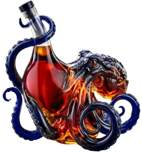 3D Octopus Shaped Glass Decanter, Rum Edition 350ml Borosilicate Liquor Bottle, Deep Sea Nautical Art Sculpture, Unique Home Bar Decor Collectible Gift for Men Marine Lovers (Blue)