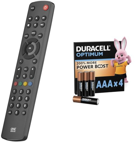 One For All – Countour TV - Il telecomando sostitutivo ideale per TV - Facile installazione - Funzione di apprendimento – Nero – URC1210 + Duracell Optimum confezione da 4 AAA