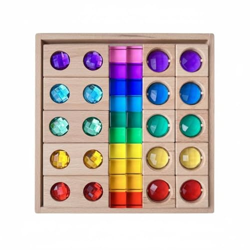 TWTCZOZ Children Sensory Block Wooden Shape Sorter Puzzle Sorting Board With Clear Rainbow Blocks And Crystal Discs Suitable for early learning sensory stations preschool lessons home play