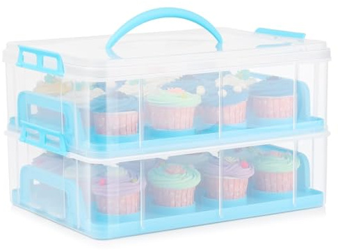 Flexzion Cupcake-Träger, Cupcake-Halter für 24 Cupcakes, tragbarer und wiederverwendbarer rechteckiger Kuchenträger mit Deckel und Griff, 2 Etagen stapelbarer Schichteinsatz (Blau)