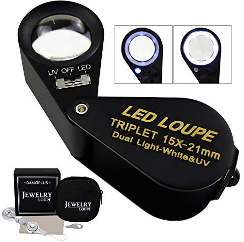 15x Vergrößerungsglas Schmuck Lupe LED UV Licht 21mm Achromatisch Triplett Linse Optisch Glas Tasche Juwel Vergrößerung Werkzeug Juwelier, Briefmarke Philatelist, Münze Numismatik