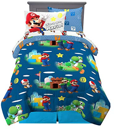 Juego de edredón y sábanas reversibles súper suaves Super Mario Bros para niños, 5 piezas, tamaño individual, juego de cama para jugadores Nintendo, (100% producto oficialmente licenciado) de Franco