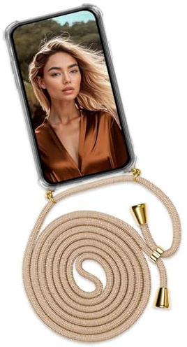 ONEFLOW Handykette für iPhone 12 Pro Max Hülle mit Band, Handyhülle mit Kette abnehmbar, Handyband zum Umhängen, Handy Umhängeband Lange Handykordel, Twist Case – Gold Beige