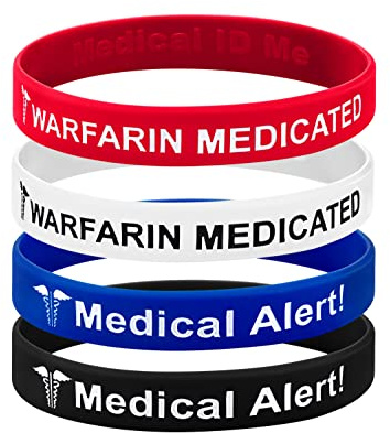4-pack Varfarin antikoagulant medicinsk varning handledsband Blodförtunnare UK, 20cm, Silikon, Ingen ädelsten