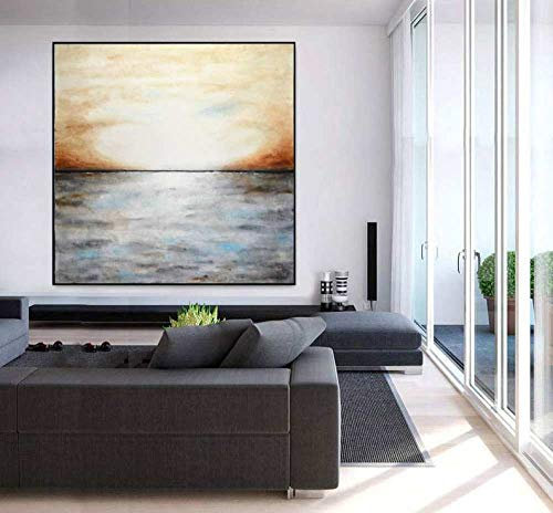 Ölbilder Auf Leinwand Handgemalt,100% Handgemalt Extra Groß Abstraktes Meer Sonnenaufgang Landschaft Kunst Ölgemälde Auf Leinwand Wandkunst Rahmenlose Bilddekoration Für Live Room Home, 40X40Cm