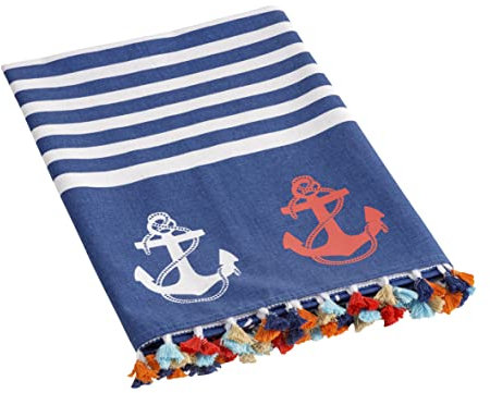 Baroni Home Telo Mare con nappe colorate, Pareo, Telo da Yoga, Asciugamano da Spiaggia Hammam, Super Assorbente e Asciugatura Rapida, Ecologico, 90x170 cm (Ancore Blu)