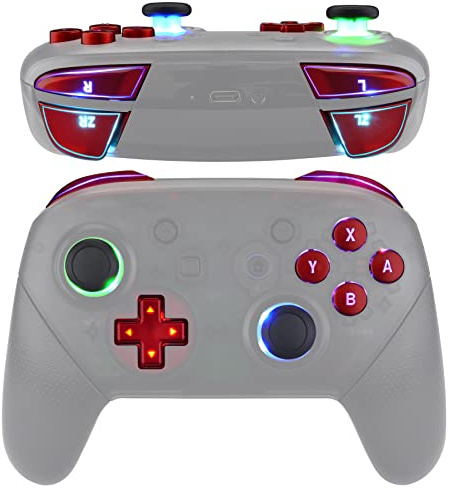eXtremeRate LED Boutons de Remplacement pour nintendo Switch Pro Manette, DTFS LED Kit Boutons Lumineuses Joysticks Dpad ABXY ZR ZL L R pour Manette Switch Pro, 9 Modes de Couleurs, Rouge