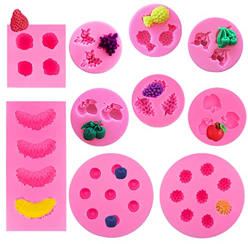 10 pcs Fruit Shaped Jelly Molds Fondant Molds, VEINARDYL 3D Mini Chocolate Mold Candy Mold Candle Mold Pineapple Strawberry Orange Blueberry for Cupcake Topper Cake Decoration Supplies