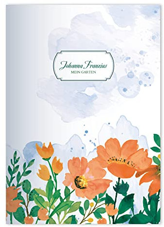 Kartenkaufrausch 16x personalisierte Garten Blumen DIN A4 Schulheft, Rechenhefte im Aquarell Stil gemalt in Orange Lineatur 26 (kariertes Heft)