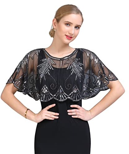 GIBZ Femme Sequin Châle et Wraps Élégant Soirée Cape Doux Cardigan 1920's Vintage Étole, Argent