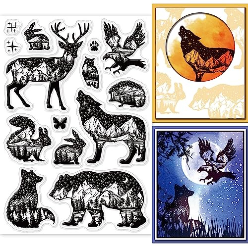 GLOBLELAND Bergwälder Tiere Silhouette Silikonstempel Braunbären HasenTransparente Stempel Eulen Igel Klare Stamps Für Karten Herstellung DIY Scrapbooking Basteln