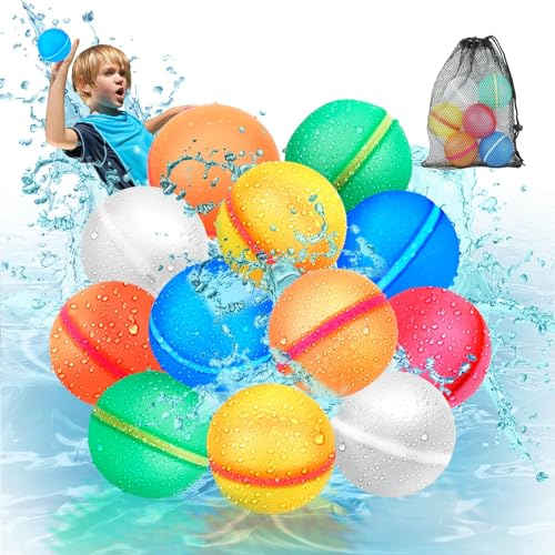 Tosekry 12 Stück Wasserbomben Wiederverwendbar mit Netzbeutel, Wasserbomben Selbstschließend Wasserspielzeug Kinder Outdoor Spielzeug Wasserball Magic Splashy Balls Pool Spielzeug Garten Draußen