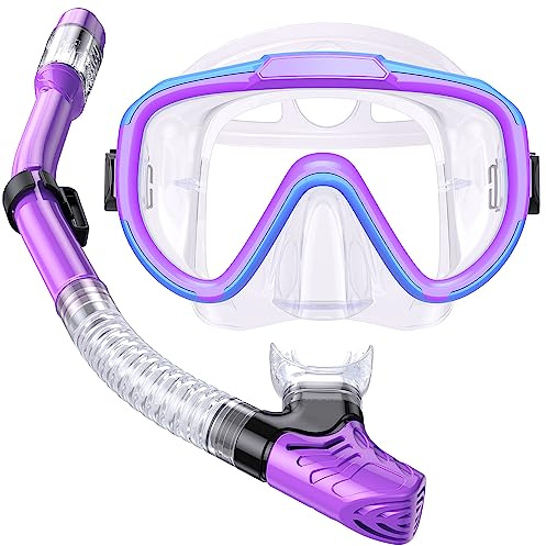 Seovediary Kids Snorkel Set, Anti-Fog Panoramic Tempered Glass Kids Snorkel mask, Anti-Leak Scuba Diving Mask with Mesh Bag, Dry Top Snorkeling Gear for Kids and Youth Age 4-16