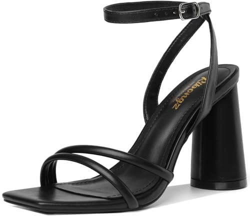 RIBONGZ Black Prom Heels for Women Chunky Block Heeled Sandals Square Open Toe Strappy High Heels Ankle Strap Wedding Bridal Shoes Sexy High Heel Sandals for Party Dress 8