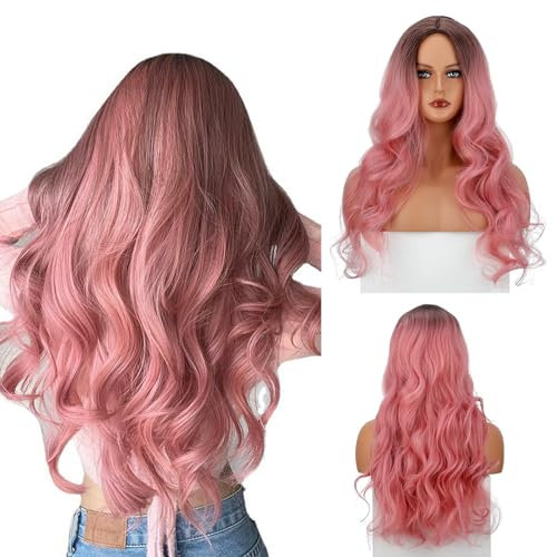 Topyond Pelucas, Peluca Rosa Degradada Larga Ondulada, Cómoda Y Fácil De Usar, Peluca Rosa Suave Resistente Al Calor con Partida Media para Mujeres Nias Fiesta De Cosplay Pelucas Para Niñas
