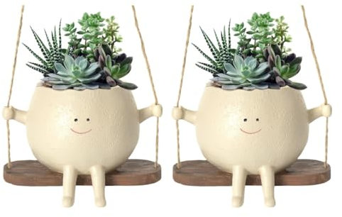 Macetas colgantes con cara oscilante | Bonita maceta para interior y exterior | Maceta resina con cara sonriente divertida y columpio | Cesta macetero colgante caras sonrientes para decoración jardín