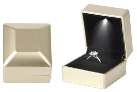 Asudaro LED Jewelry Box, 2Stück Ring Box mit LED Licht Schwarzer Quadratischer Samt Ring Box Tragbare Aufbewahrungsbox Beleuchtete Ring/Anhänger/Armband/Halskette Schmuck Box Gold