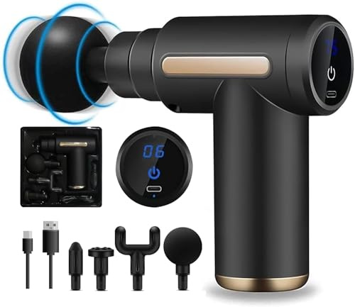 Pistolet de Massage Musculaire mini massage Gun, 4 Têtes de Massage et l'Écran LCD, Avec 6 Niveaux Réglables Soulager Douleurs et Raideurs