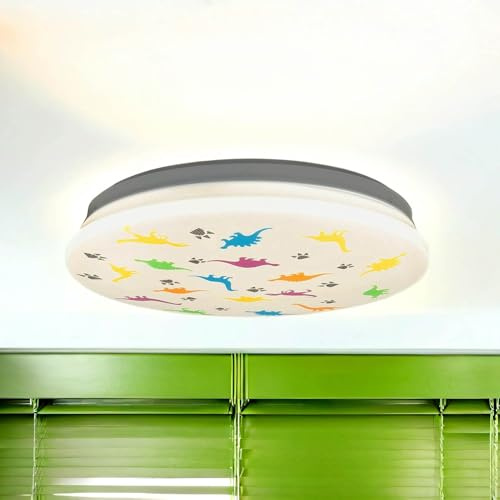 Licht-Erlebnisse LED Deckenleuchte Kinderzimmer IP44 Weiß Bunt Ø 33,5 cm 4000 K 1300 lm neutralweiß Dinosaurier Kinderzimmerlampe Decke