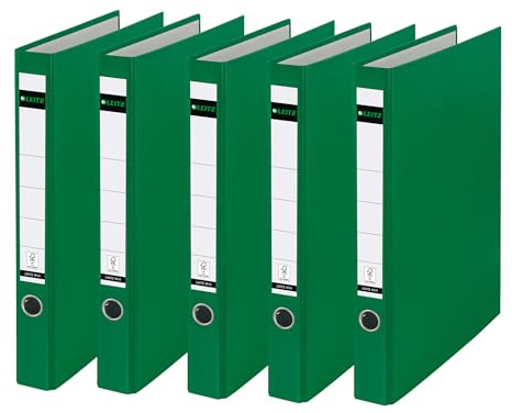 Leitz 10140055 Plastic Ring Binder Without Slots A4, Pack of 5, Green, 3.5 cm Spine Width, PP Laminated Cover
