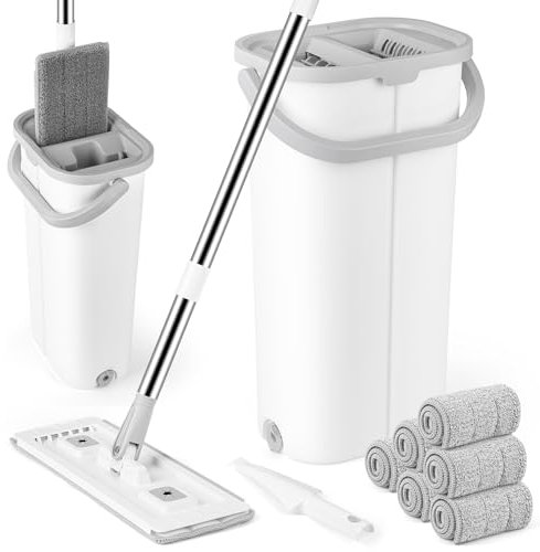 Mocio Piatto e Secchio Strizzatore GIOVARA Mocio Lavapavimenti e Secchio con 6 Panni in Microfibra Mocio Piatto Rotante 360° Secchio con 135cm Lungo in Manico Acciaio per Tutte le Superfici Lisce