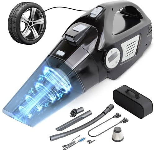 AYN 4-in-1 Cordless Handheld Car Hoover & Tyre Inflator – Strong Suction (120W), LED Light, Digital Air Pump (150PSI), 6000mAh Battery – for Car, Home and Pet Hair
