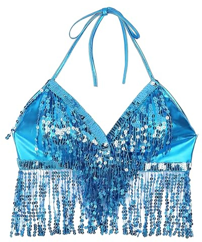EOYVAIL Tops de danza para mujer,Top halter de lentejuelas para danza del vientre, top de lentejuelas, top con flecos boho, sujetador sin espalda (turquesa)