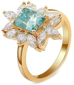 14 Karat Roségold Damenring Blau Grün Moissanit Strahlend, Partnerringe Blume mit 3ct Moissanit Ringe Frauen Größe 63 (20.1)