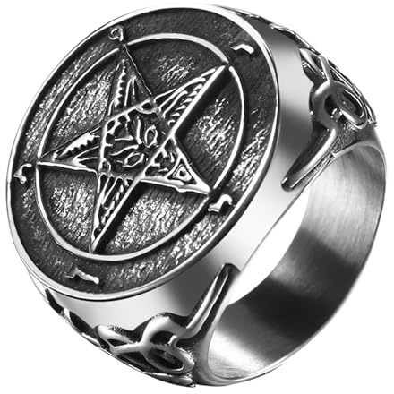 JewelryWe Pentagramm Ring Herren Siegelring: Edelstahl Satanischer Herren-Ring Pentagram Leviathan Kreuz Gefallener Engel Retro Punk Fingerring Bandring Satan Amulett Schmuck Geschenk Größe 70