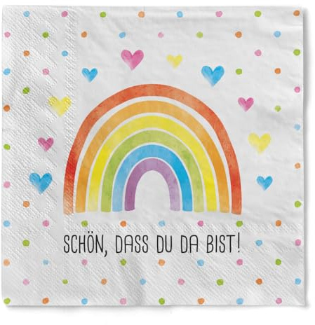 Sovie HORECA Serviette Rainbow „Schön, dass du da bist“ – weiß, Tissue, 33 x 33 cm, 1/4 Falz, 100 Stück – Regenbogen Servietten mit Spruch für Hochzeit, Taufe, Feste & Events