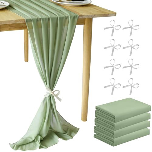 MUUKAIII 4 Stück Chiffon Tischläufer Grün 70x300 cm Hochzeit Salbeigrün Musselin Dekostoff Boho für Hochzeitsdeko, Tischdeko Geburtstag, Babyparty